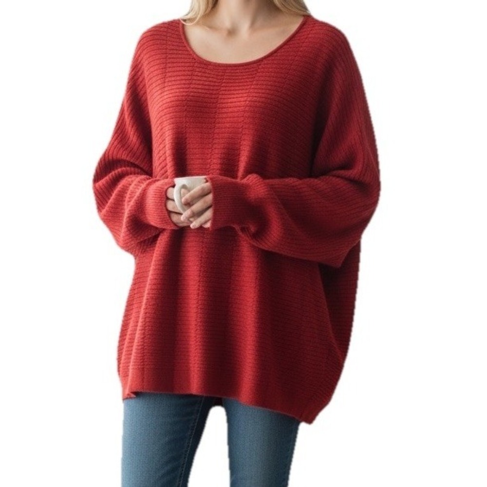 New IN Studio Ribbed Women's 1X Sweater Red Knit Top Stretch Batwing  Sleeve